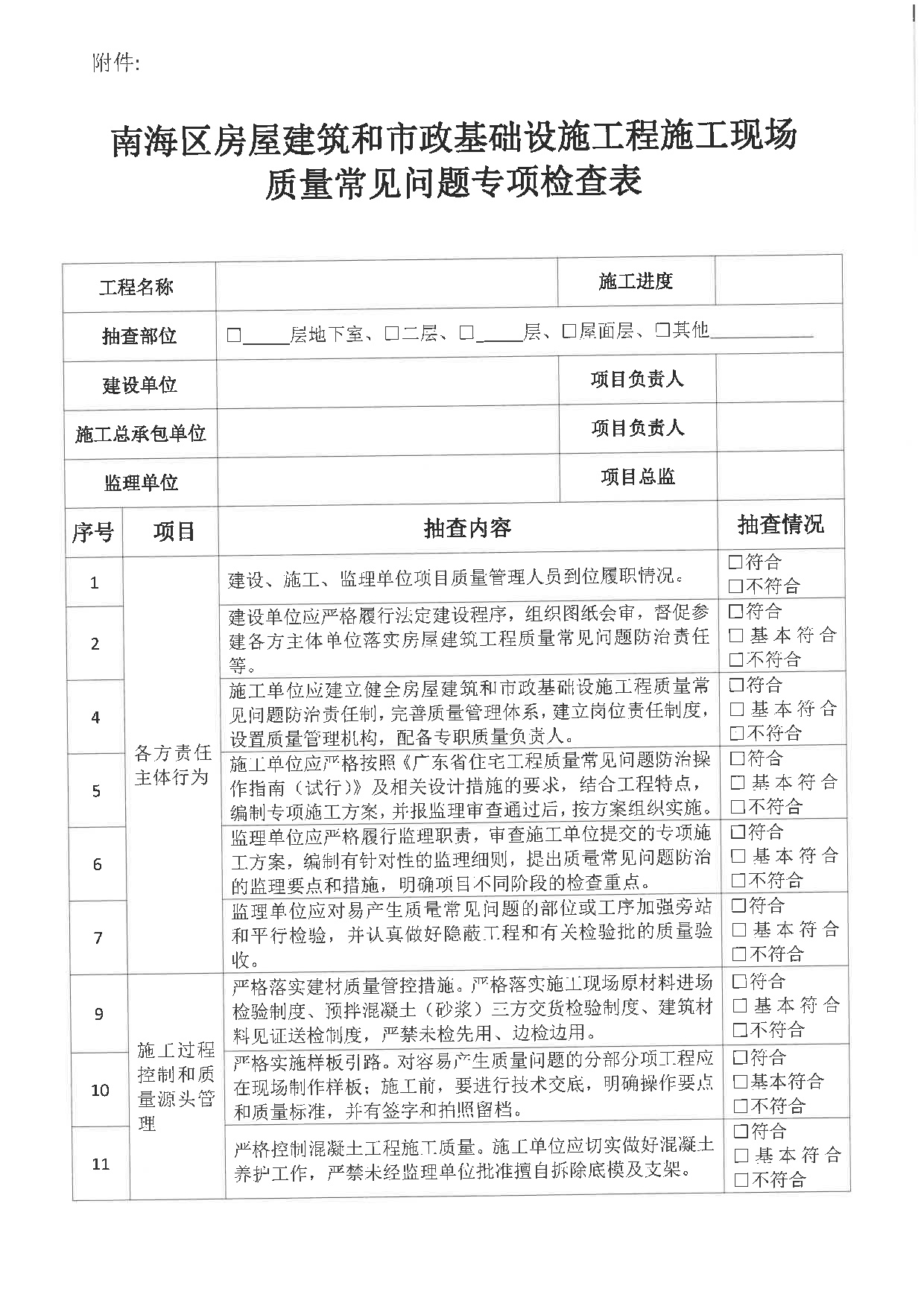 佛山市南海区建筑工程质量监督站关于开展房屋建筑和市政基础设施工程现场施工质量常见问题专项检查的通知